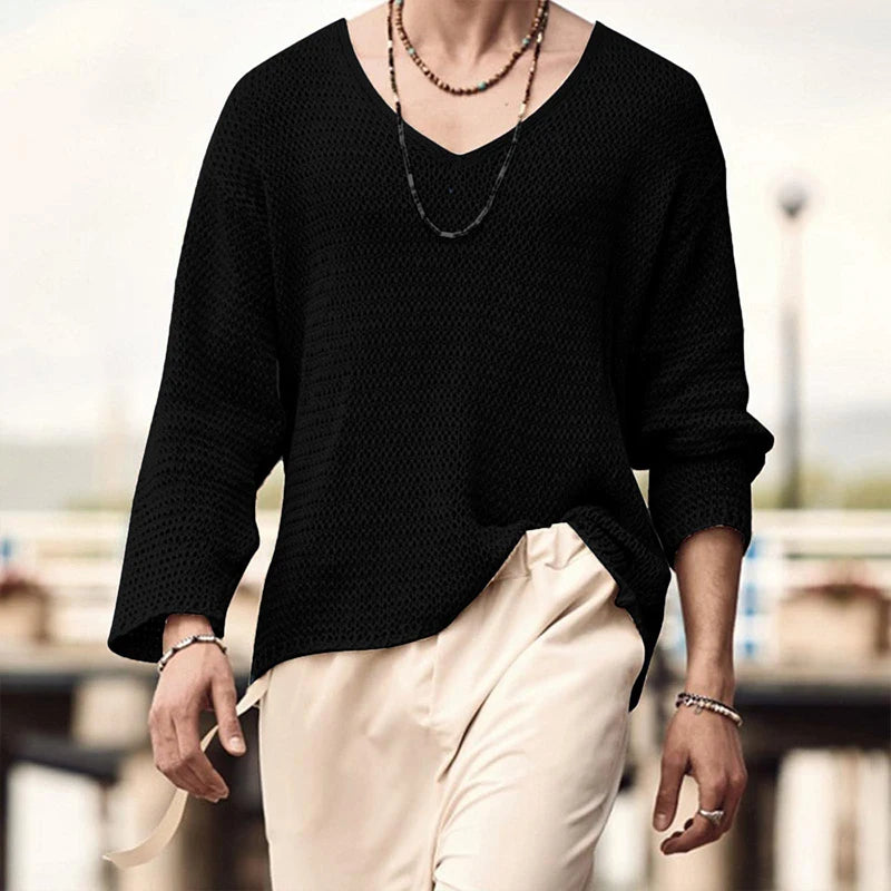 Men's Hollow Knit V-Neck Long Sleeve T-Shirt
