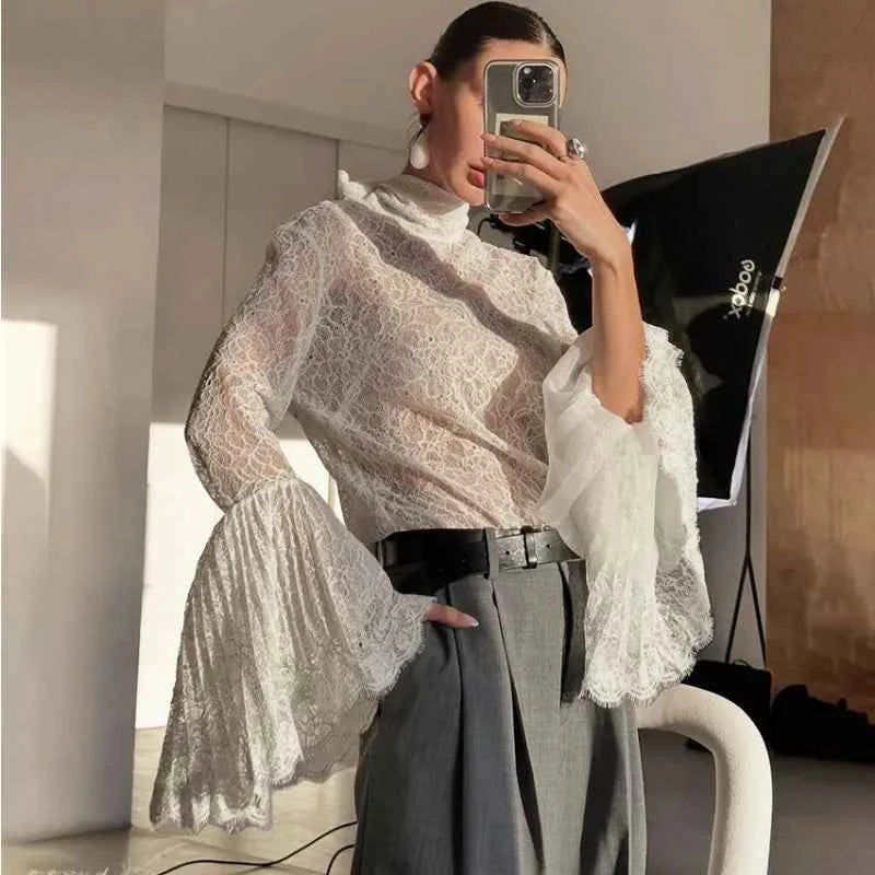 Women's Elegant Lace Ruffle Blouse | See-Through Long Sleeve Party Top