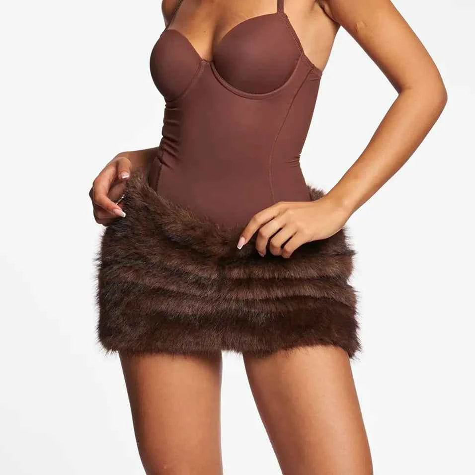 Women's Y2K Faux Fur Mini Skirt | Ruched Bodycon Party Skirt