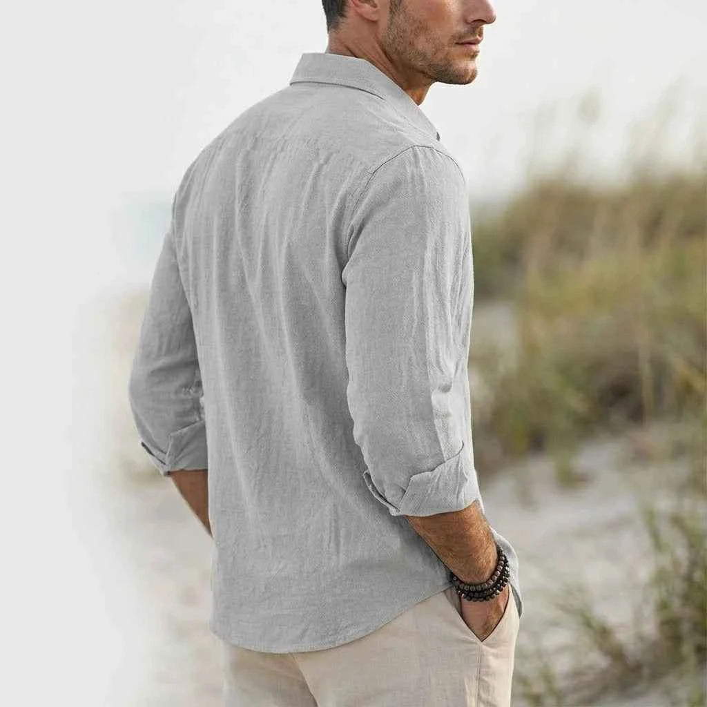 Men's Linen Cotton Long Sleeve Shirt – Casual Lapel Button-Up