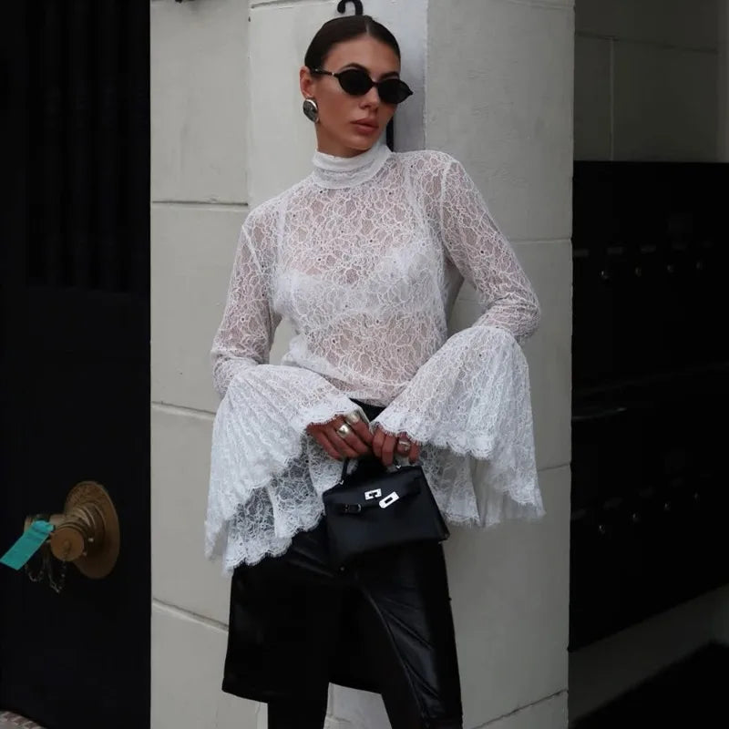 Women's Elegant Lace Ruffle Blouse | See-Through Long Sleeve Party Top