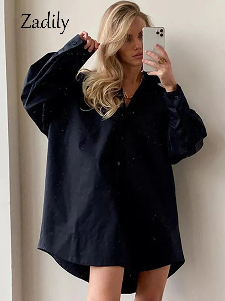Women's Oversized White Long Shirt | Patchwork Button-Up Work Blouse