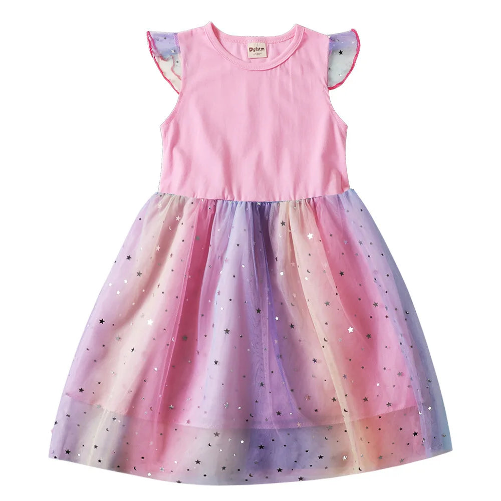 K-Pop Rumi Baby Girls Princess Dress – Cartoon Mesh Star Sequins Flying Sleeve Birthday Dress - Dripshop