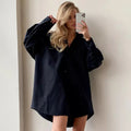 Women's Oversized White Long Shirt | Patchwork Button-Up Work Blouse