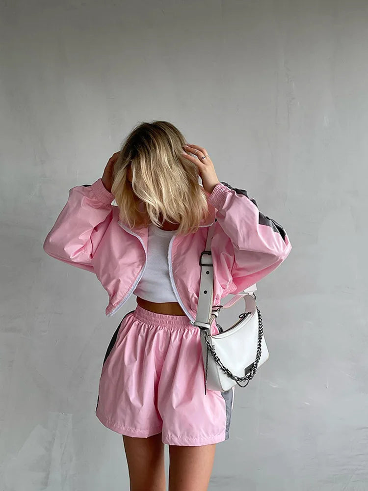 Women's Colour Block Zip Jacket & Shorts Set | Streetwear Two-Piece - Dripshop