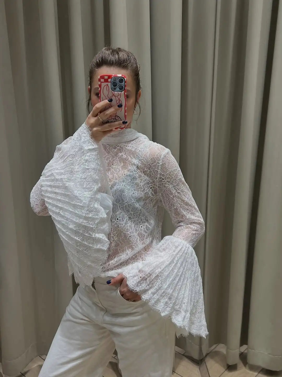 Women's Sheer Lace Flare Sleeve Top | Zip-Up See-Through High Street Blouse