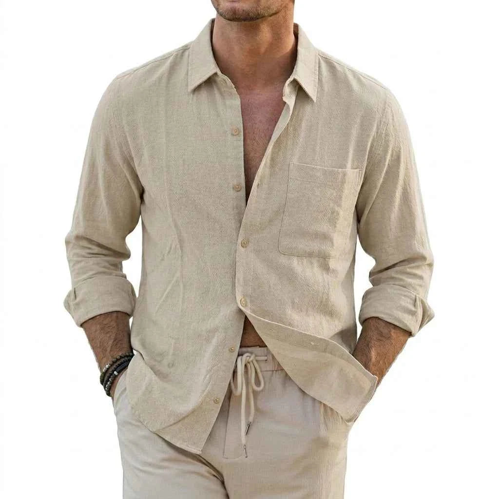 Men's Linen Cotton Long Sleeve Shirt – Casual Lapel Button-Up