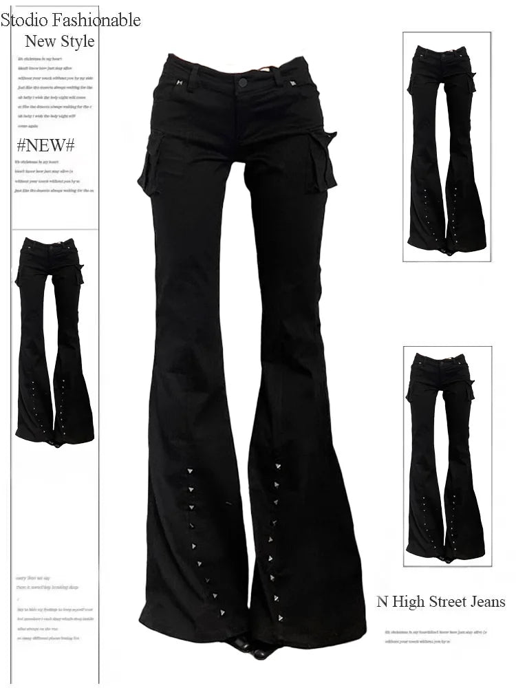 Women's Y2K Low Rise Flare Denim Jeans | Dark Academia Harajuku Grunge