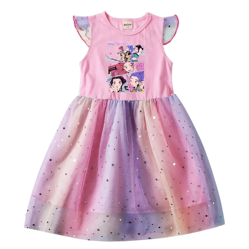 K-Pop Rumi Baby Girls Princess Dress – Cartoon Mesh Star Sequins Flying Sleeve Birthday Dress - Dripshop