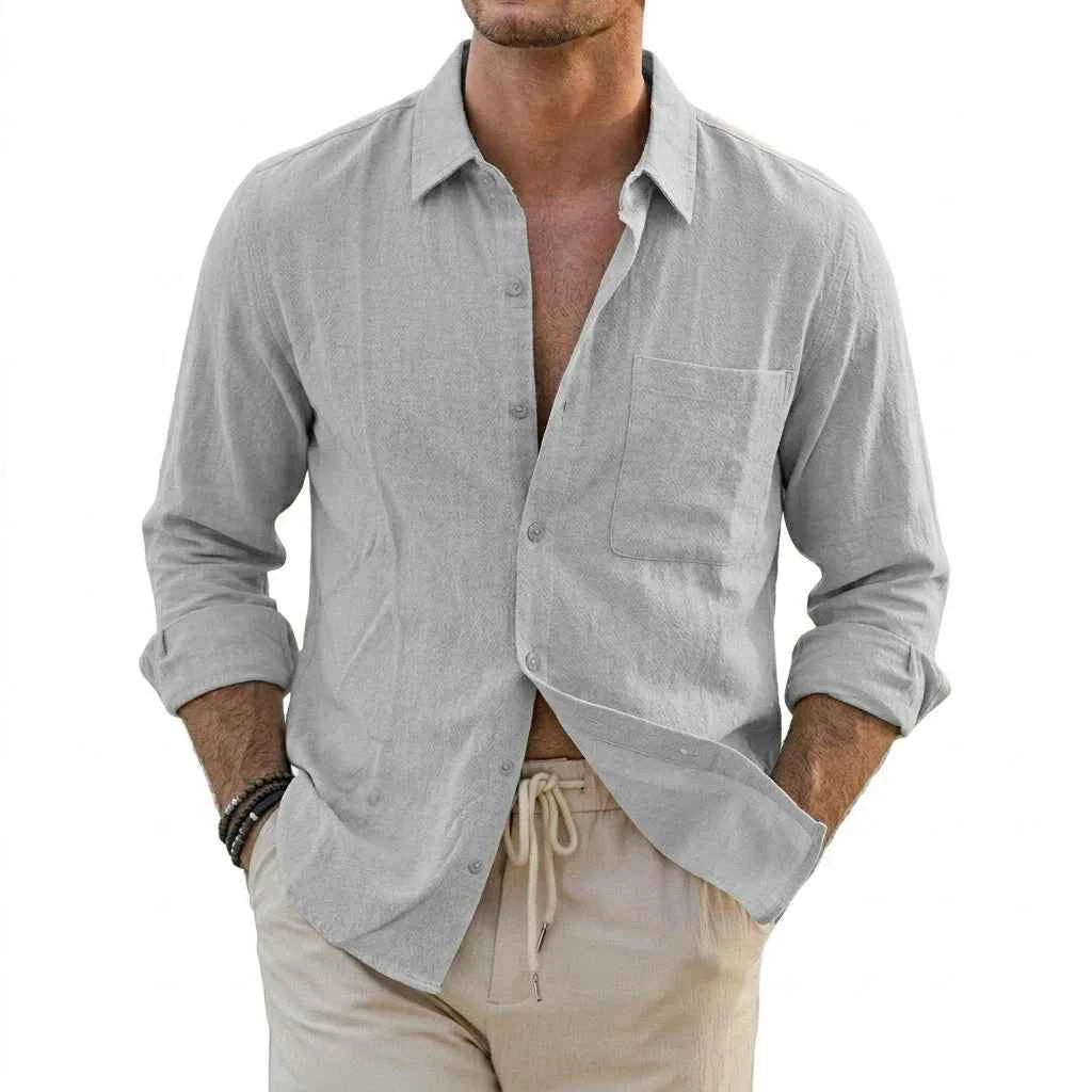 Men's Linen Cotton Long Sleeve Shirt – Casual Lapel Button-Up