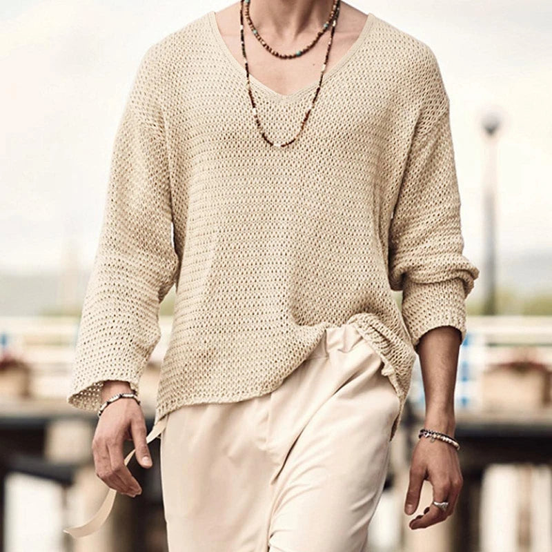 Men's Hollow Knit V-Neck Long Sleeve T-Shirt