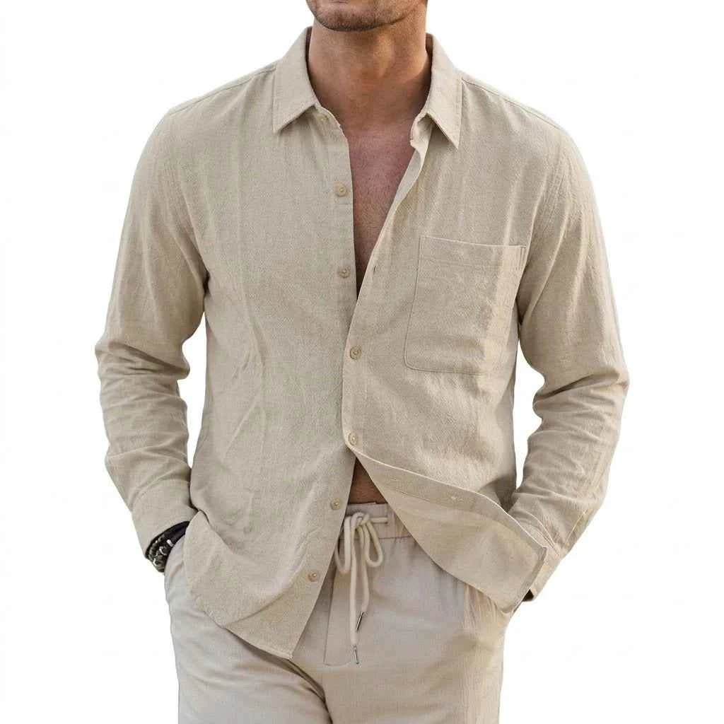 Men's Linen Cotton Long Sleeve Shirt – Casual Lapel Button-Up