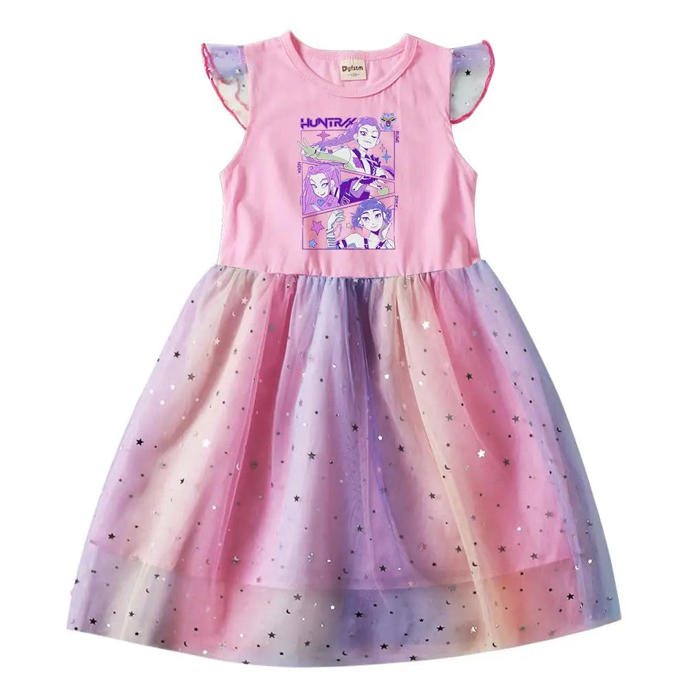 K-Pop Rumi Baby Girls Princess Dress – Cartoon Mesh Star Sequins Flying Sleeve Birthday Dress - Dripshop