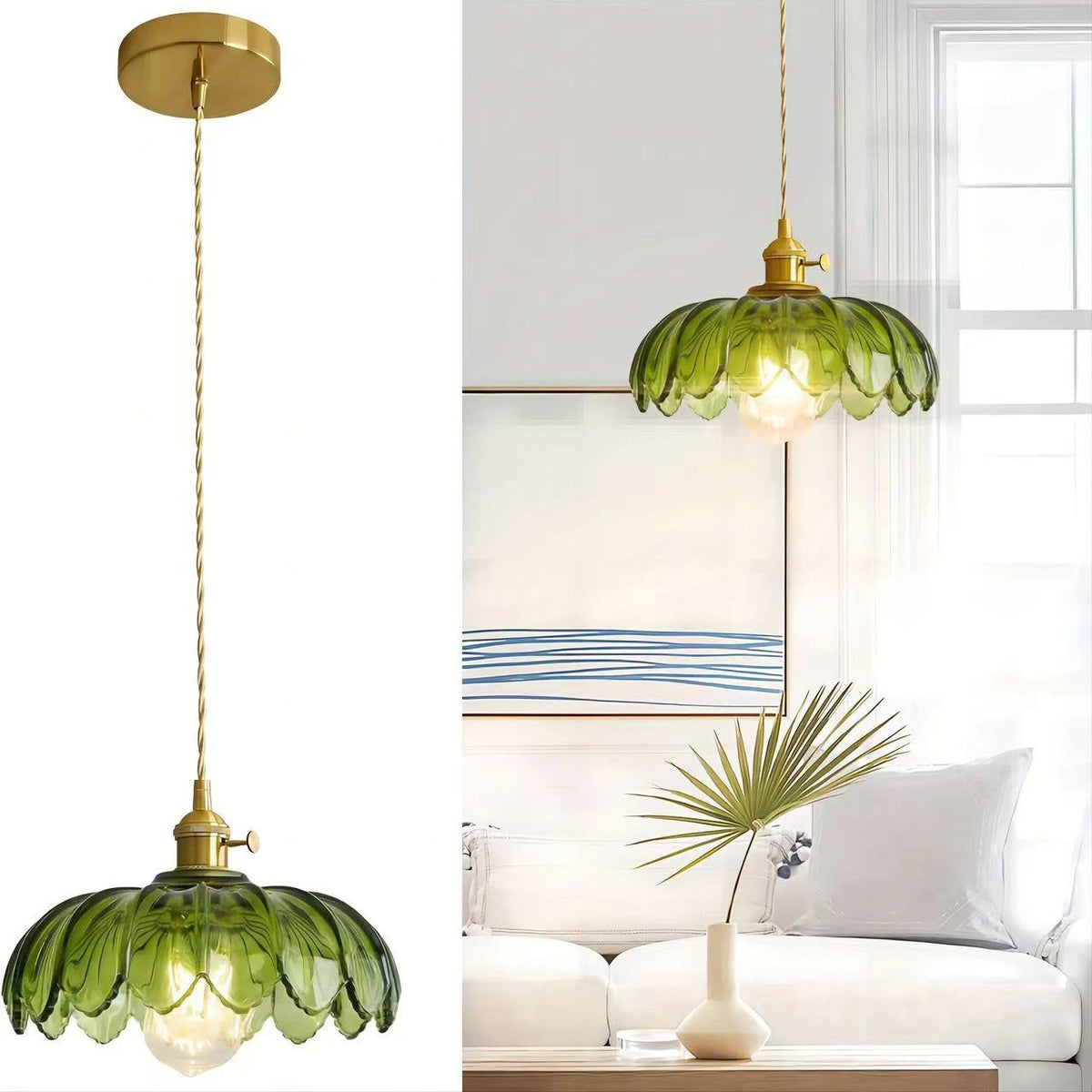 Nordic Green Glass LED Pendant Light – Copper Switch Hanging Lamp - Dripshop