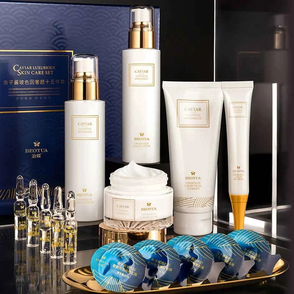 15-Piece Caviar Korean Skin Care Set – Face Serum, Anti-Wrinkle & Whitening Facial Suit