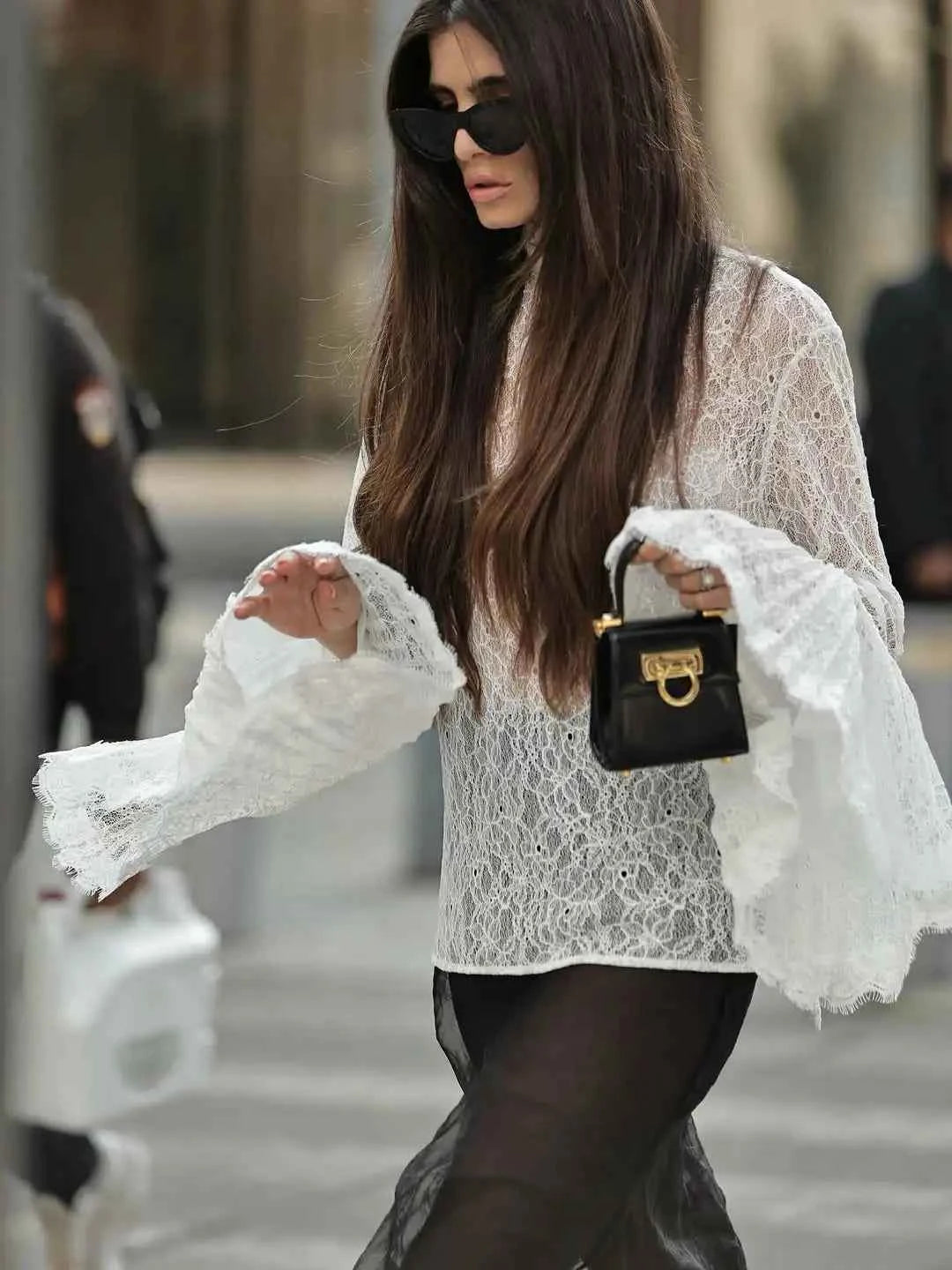 Women's Sheer Lace Flare Sleeve Top | Zip-Up See-Through High Street Blouse