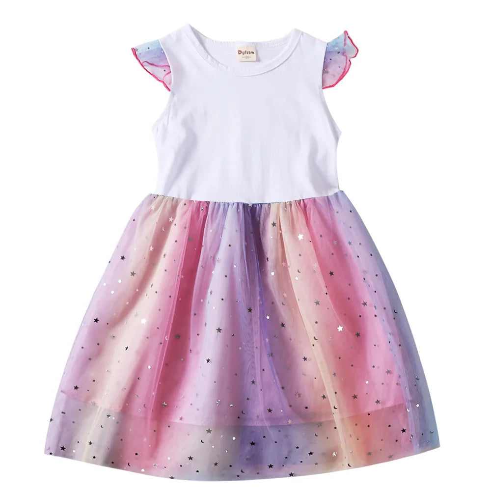 K-Pop Rumi Baby Girls Princess Dress – Cartoon Mesh Star Sequins Flying Sleeve Birthday Dress - Dripshop