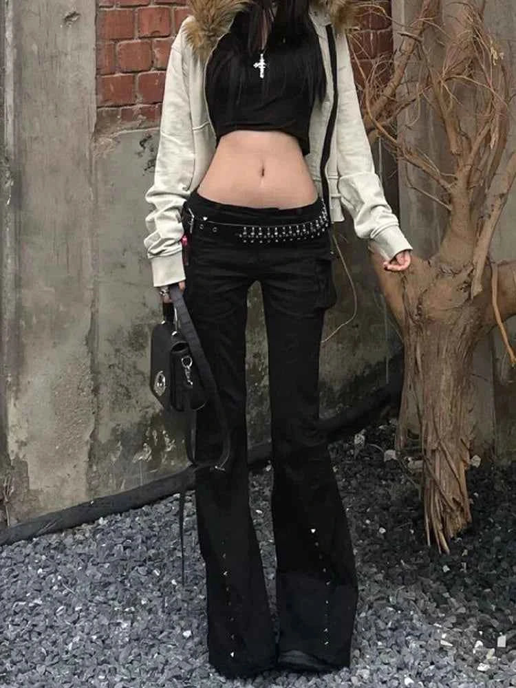 Women's Y2K Low Rise Flare Denim Jeans | Dark Academia Harajuku Grunge