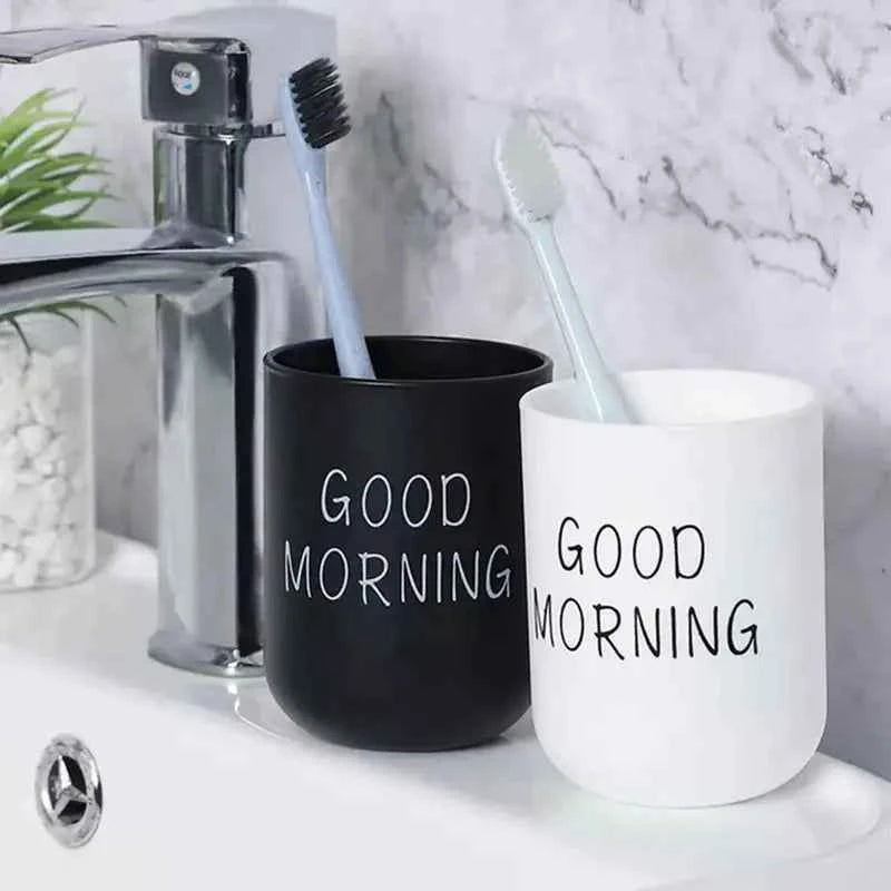 Slogan Graphic Bathroom Tumbler – Plastic Mouthwash & Toothbrush Cup for Couples