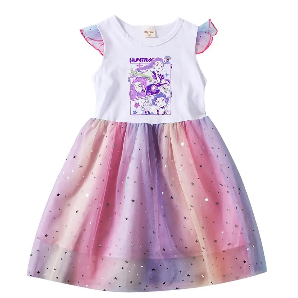 K-Pop Rumi Baby Girls Princess Dress – Cartoon Mesh Star Sequins Flying Sleeve Birthday Dress - Dripshop
