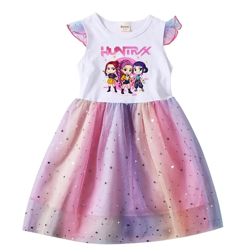 K-Pop Rumi Baby Girls Princess Dress – Cartoon Mesh Star Sequins Flying Sleeve Birthday Dress - Dripshop