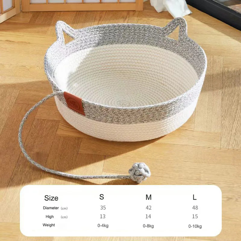 Japanese Hand-Woven Rattan Cat Bed – Round Summer Cooling Kitten Basket with Cotton Rope - Dripshop