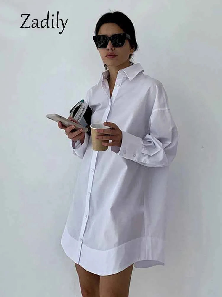 Women's Oversized White Long Shirt | Patchwork Button-Up Work Blouse