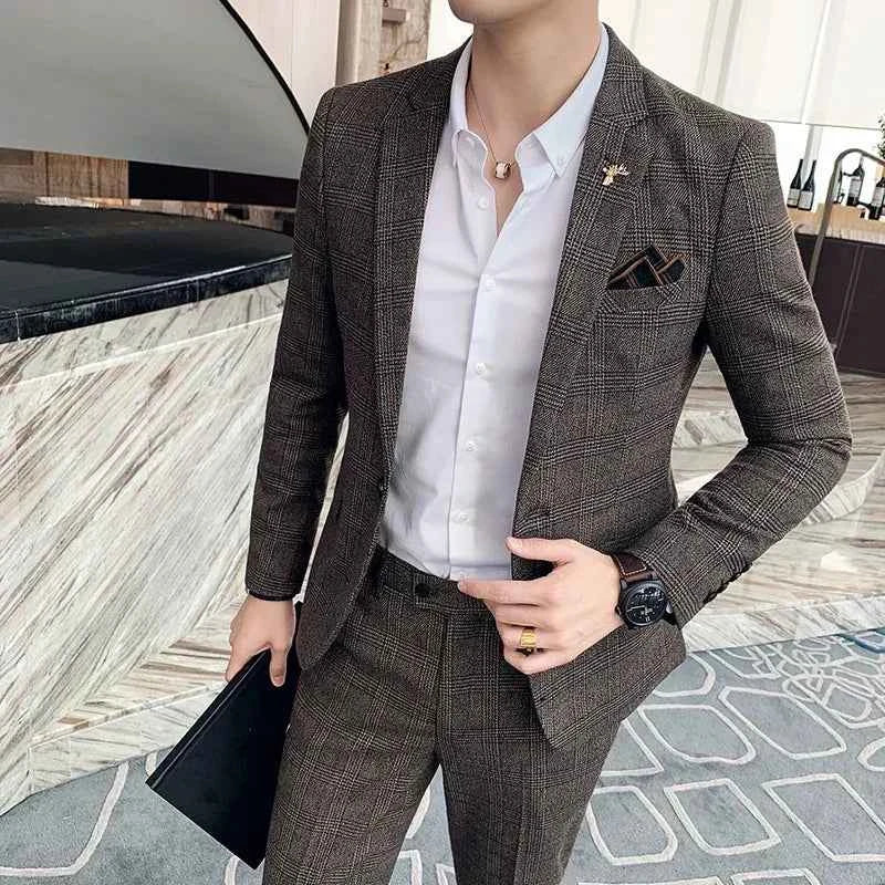 Men's Formal Plaid Suit – Blazer & Trousers Set for Wedding, Business & Stage (S–7XL)