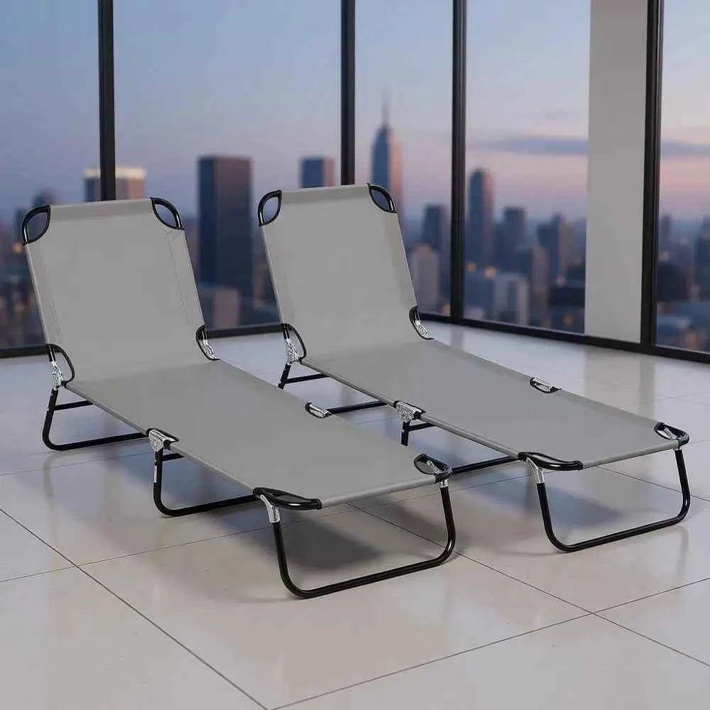 2-Piece Outdoor Chaise Lounge Set – Adjustable Reclining Steel Frame for Pool, Beach & Patio (Grey)