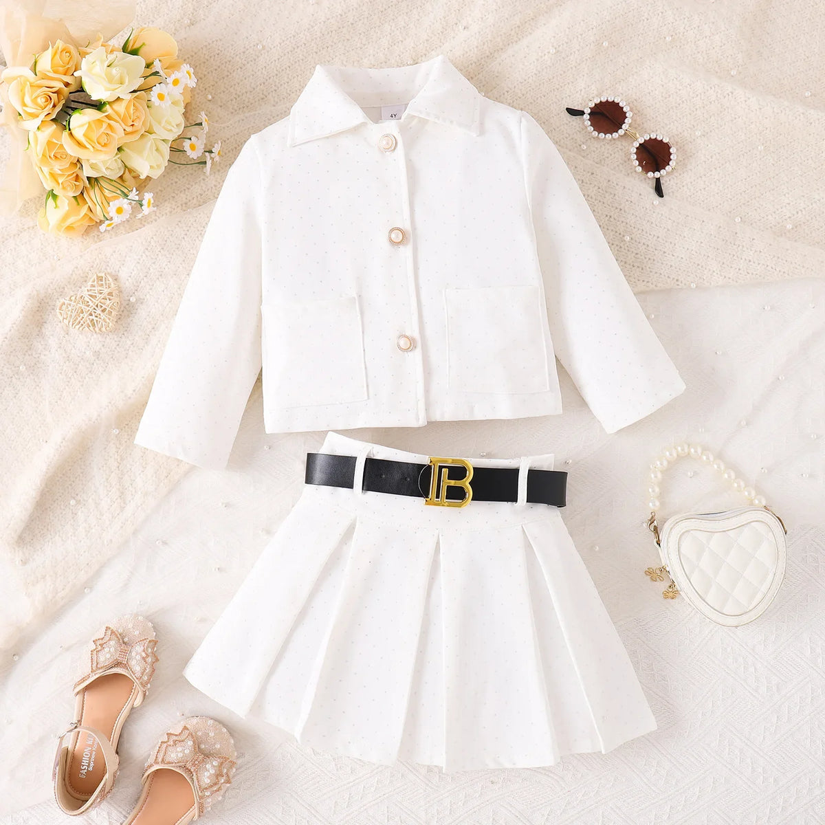 Girls 3-Piece Blazer Skirt Set – Black Coat, Belt & Skirt Outfit