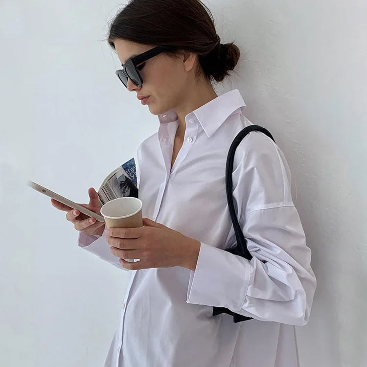 Women's Oversized White Long Shirt | Patchwork Button-Up Work Blouse