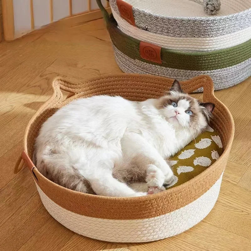 Japanese Hand-Woven Rattan Cat Bed – Round Summer Cooling Kitten Basket with Cotton Rope - Dripshop