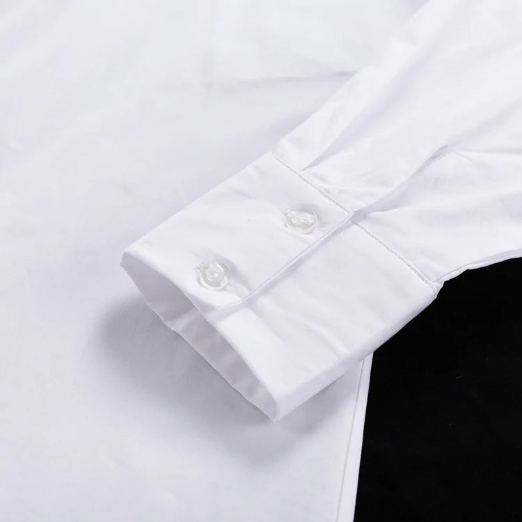 Women's Oversized White Long Shirt | Patchwork Button-Up Work Blouse