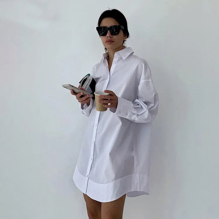Women's Oversized White Long Shirt | Patchwork Button-Up Work Blouse