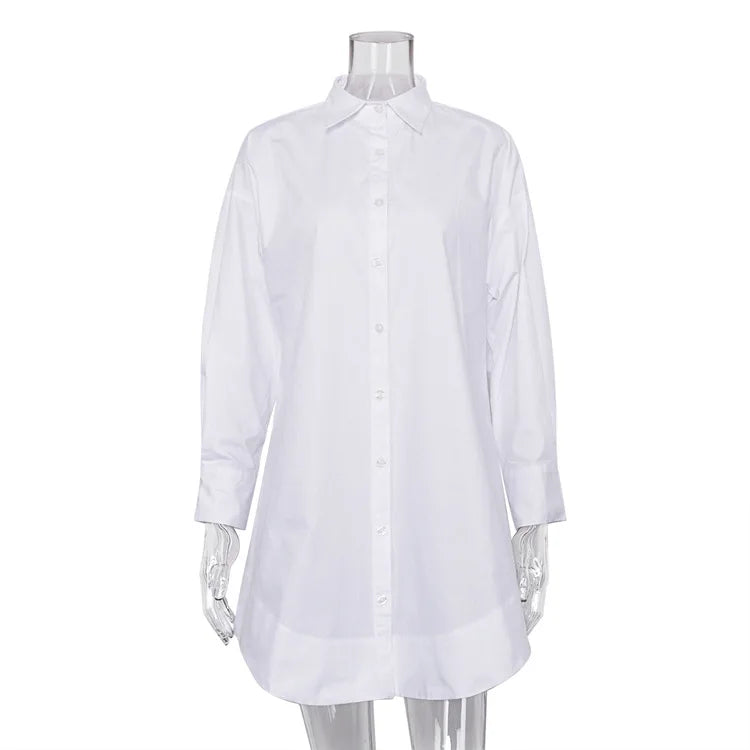 Women's Oversized White Long Shirt | Patchwork Button-Up Work Blouse