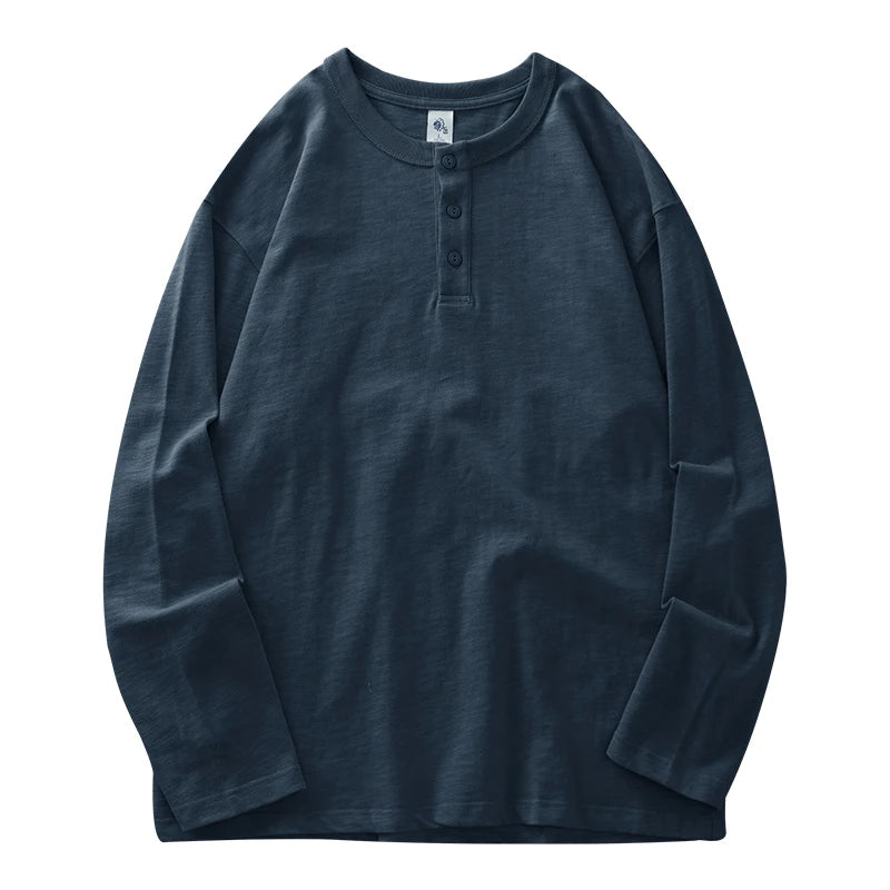 Men's Heavyweight 100% Cotton Henley Long Sleeve T-Shirt