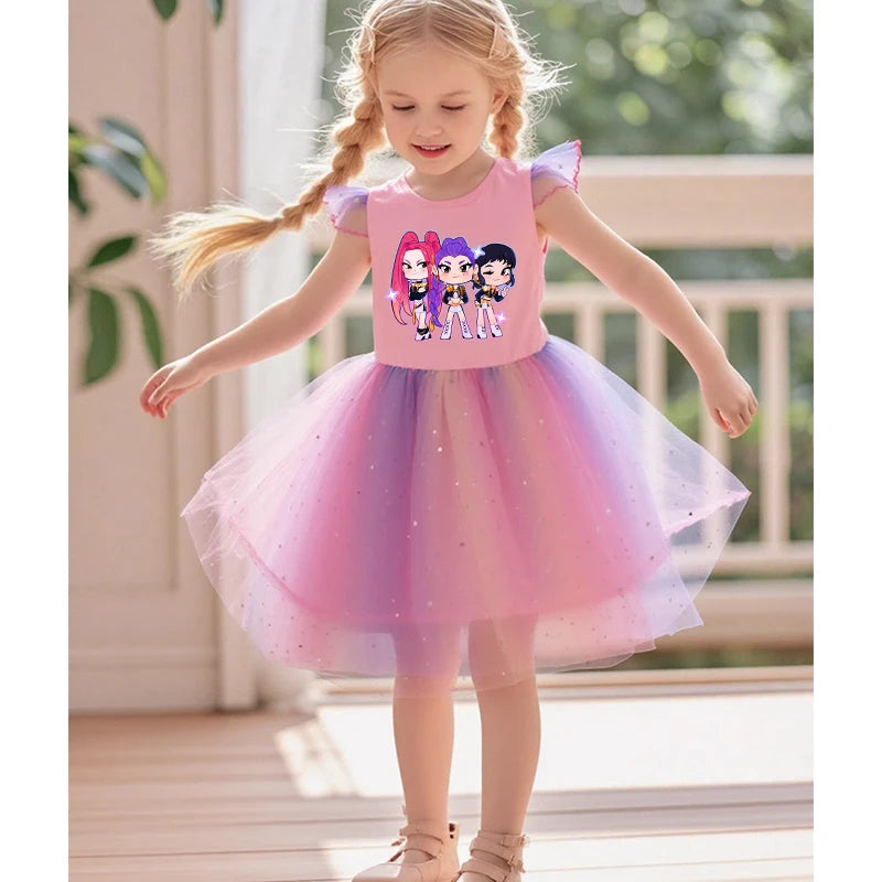 K-Pop Rumi Baby Girls Princess Dress – Cartoon Mesh Star Sequins Flying Sleeve Birthday Dress - Dripshop