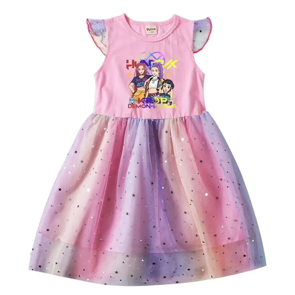 K-Pop Rumi Baby Girls Princess Dress – Cartoon Mesh Star Sequins Flying Sleeve Birthday Dress - Dripshop