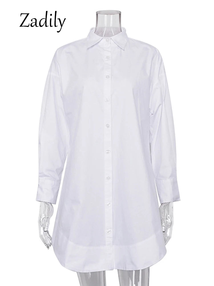 Women's Oversized White Long Shirt | Patchwork Button-Up Work Blouse