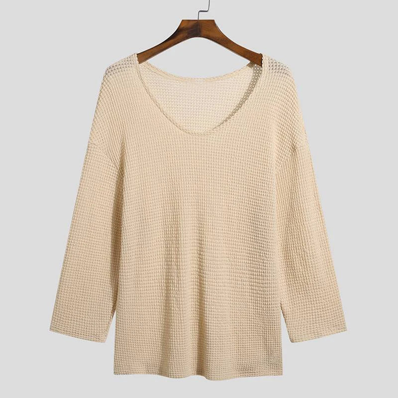 Men's Hollow Knit V-Neck Long Sleeve T-Shirt
