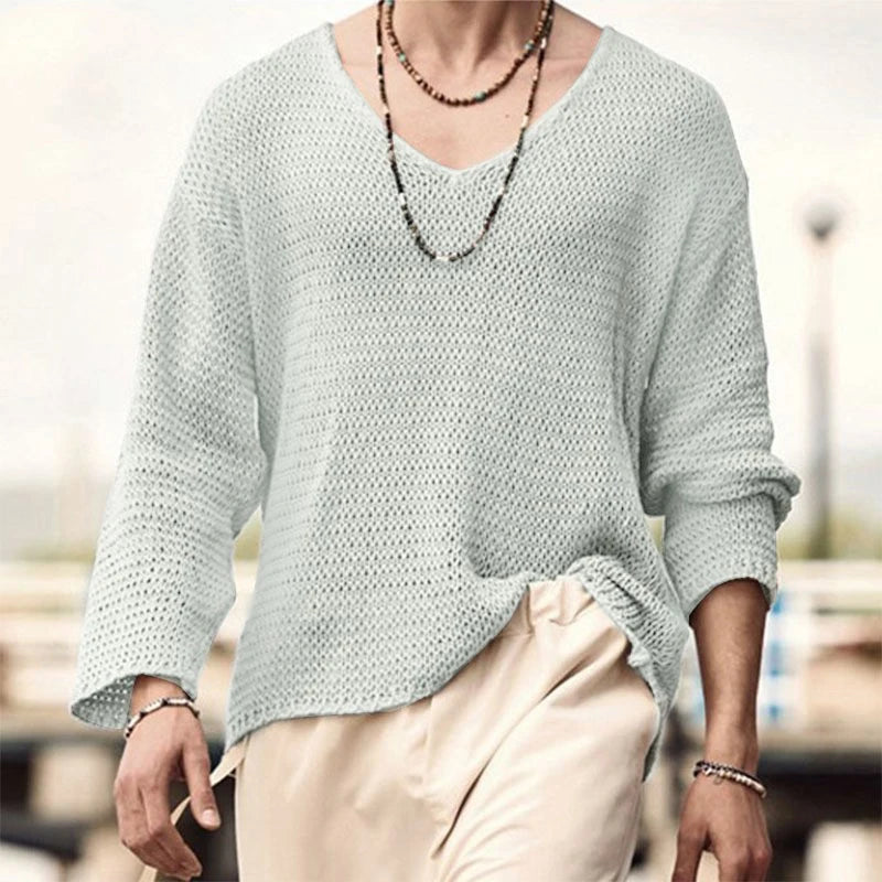 Men's Hollow Knit V-Neck Long Sleeve T-Shirt
