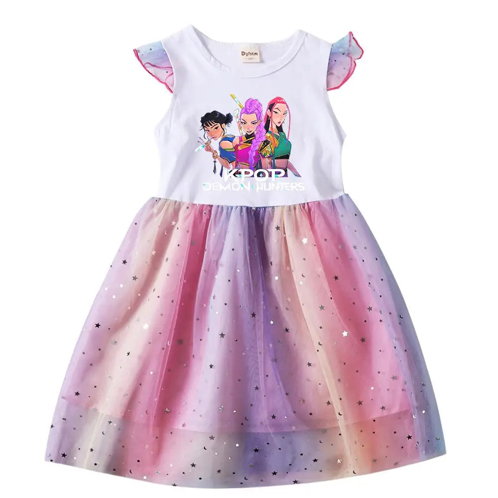 K-Pop Rumi Baby Girls Princess Dress – Cartoon Mesh Star Sequins Flying Sleeve Birthday Dress - Dripshop