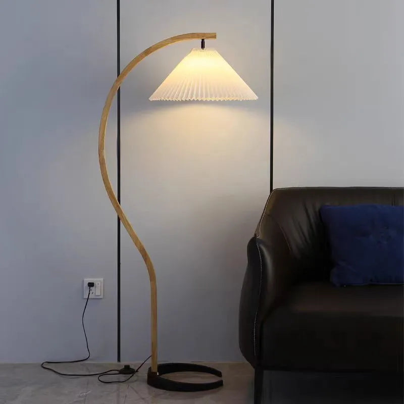 Japanese Arc Floor Lamp | Solid Wood Base & Pleated Shade | Dimmable LED - Dripshop