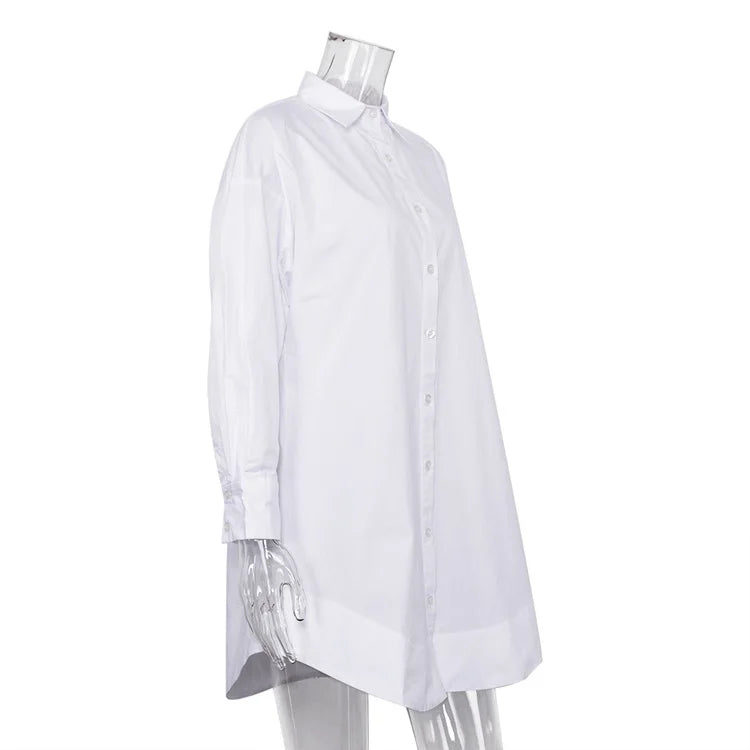 Women's Oversized White Long Shirt | Patchwork Button-Up Work Blouse