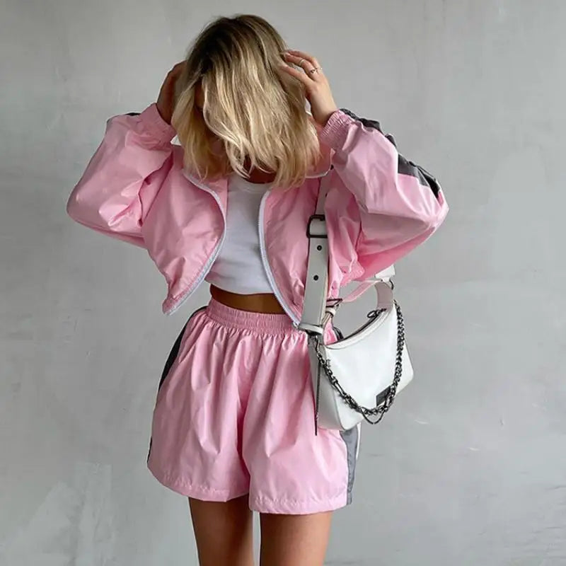 Women's Colour Block Zip Jacket & Shorts Set | Streetwear Two-Piece - Dripshop