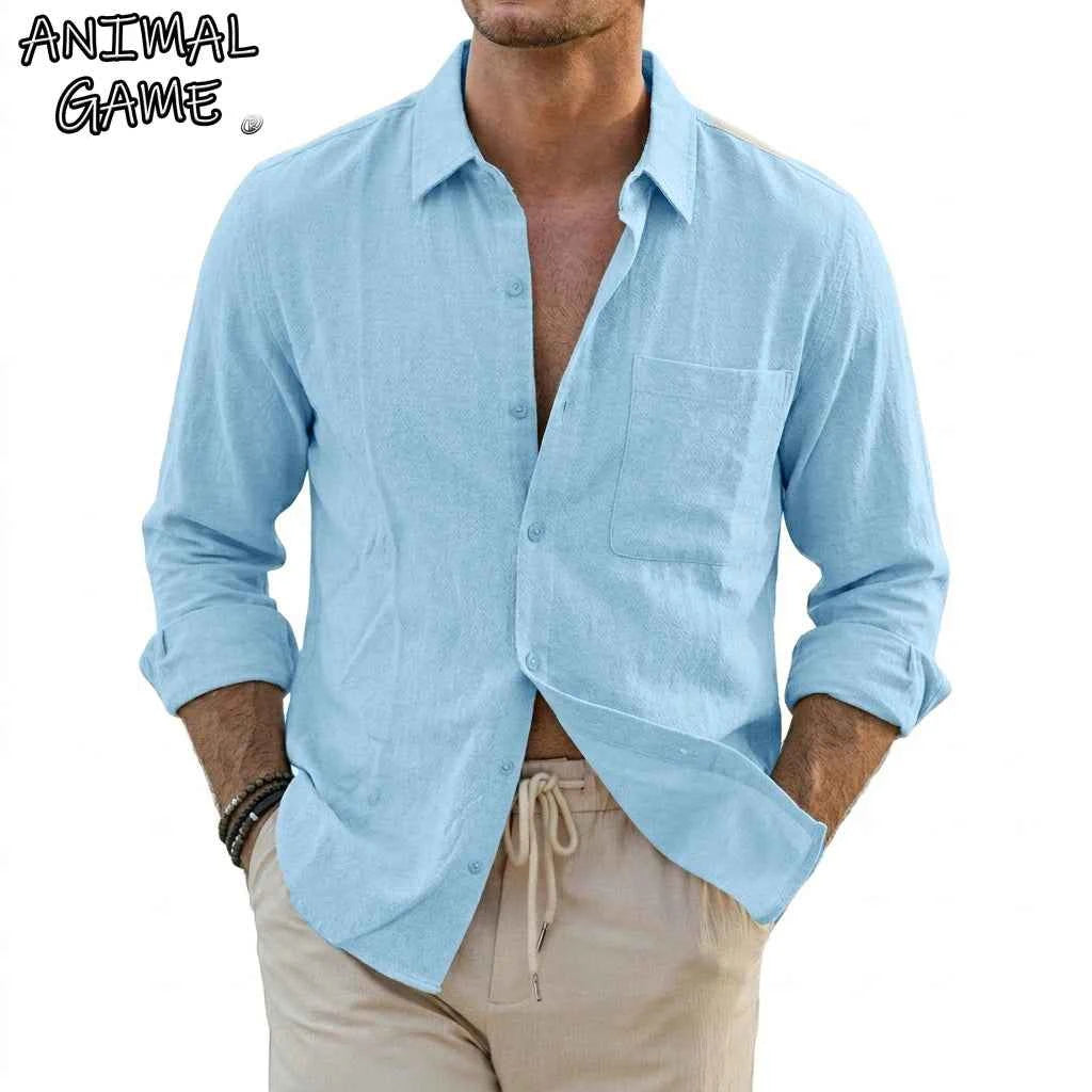 Men's Linen Cotton Long Sleeve Shirt – Casual Lapel Button-Up