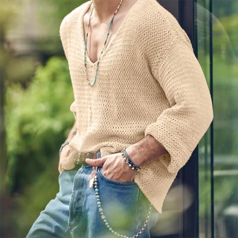Men's Hollow Knit V-Neck Long Sleeve T-Shirt